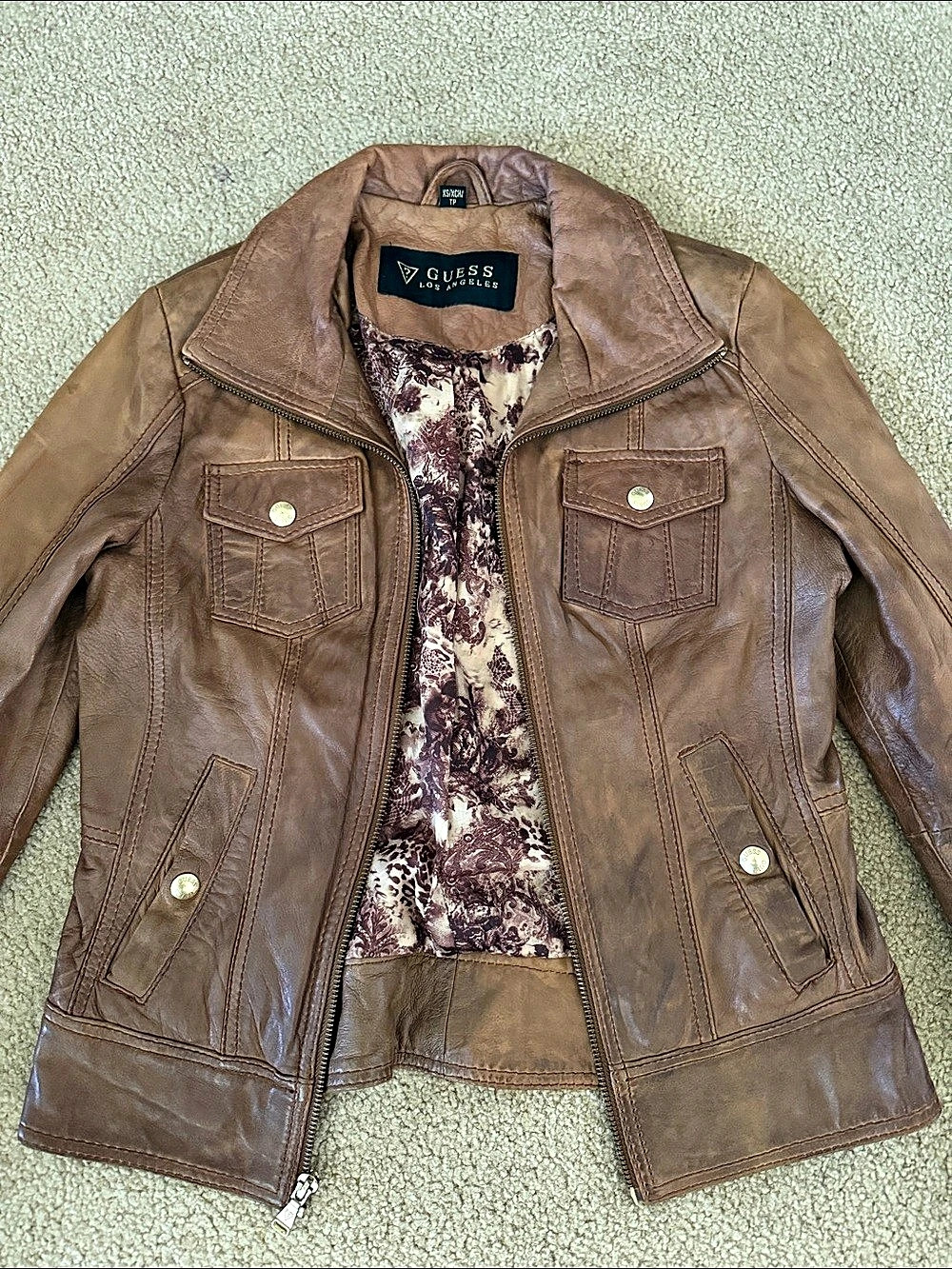 GUESS Leather Moto Jacket Brown Size XS